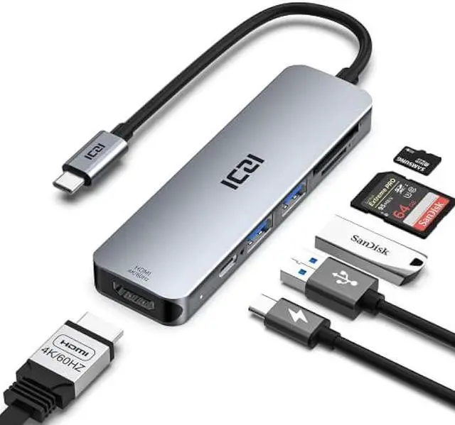 Main image of ICZI USB C Hub Docking Station Multiport Adapter 6 in 1 with HDMI, 2-Port USB 3.0, Card Reader, USB-C Charging Compatible for MacBook Pro/Air, Mac mini, Dell XPS, Lenovo, iPhone 16, Samsung S25 Ultra