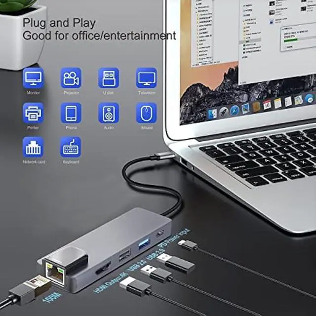 Alt view image 4 of 6 - USB C Hub HDMI Type C Adapter, DAPOKJD 5 IN1 Type C Converter (HDMI 4K Ethernet USB3.0+2.0 PD100W Input) USB-C Docking Station,Type C Multiport Dongle Compatible for Ipad/MacBook/Switch/Dell//Lenovo
