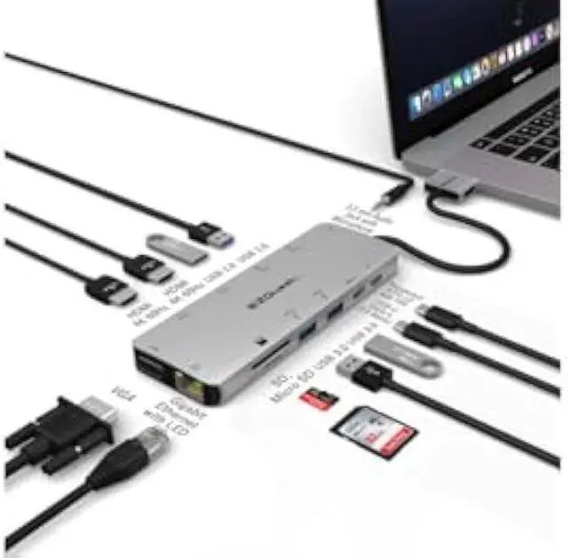 Alt view image 3 of 5 - EZQuest USB C Hub 13 in 2 with 2 HDMI 4K, VGA, 1GBS Ethernet, 2USB A 3.0 Ports, 2 USB A 2.0 Ports, SD/Mico SD and Audio Port for Work and Travel - for MacBook Pro & Air