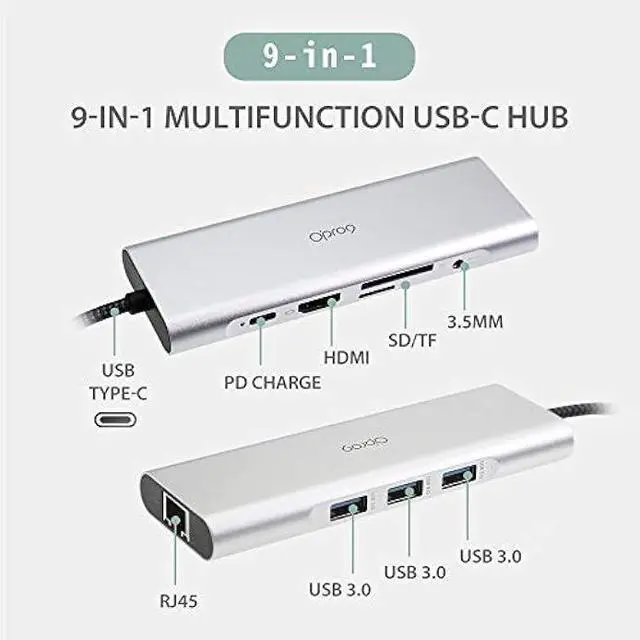 Main image of 9-in-1 USB C Hub Multiple Adapter, 3 USB 3.0 Ports up to 5Gbps Transfer, 4K@30Hz HDMI, 60W PD, SD/TF Card Reader, 3.5mm Audio Jack & Ethernet, USB-C Hub for MacBook and Other Type-C Devices