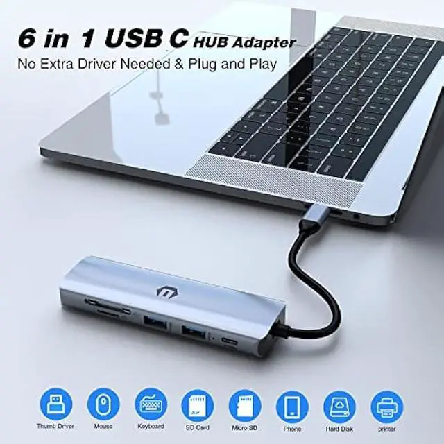 Alt view image 2 of 7 - USB C Hub, USB C Adapter 6 in 1, USB C Hub Multiport Adapter USB C Dock with 4K HDMI, USB 3.0, PD 100W, SD/TF, MacBook Pro/Air iPad Pro Adapter, for Laptop, Surface Pro 8