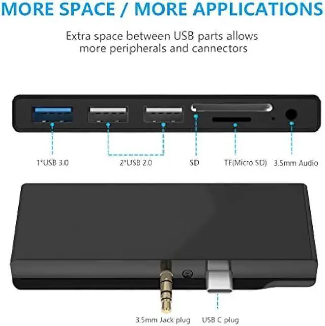 Alt view image 2 of 6 - Surface Go/Surface Go2/Surface Go3 USB Adapter, 6-in-2 Surface Go/Go 2/Go3 Accessories with USB 3.0+2 USB2.0 Ports, 3.5mm Audio and Mic 2 in 1 Port, SD/TF Card Reader -for Microsoft Surface Go/Go2/Go3
