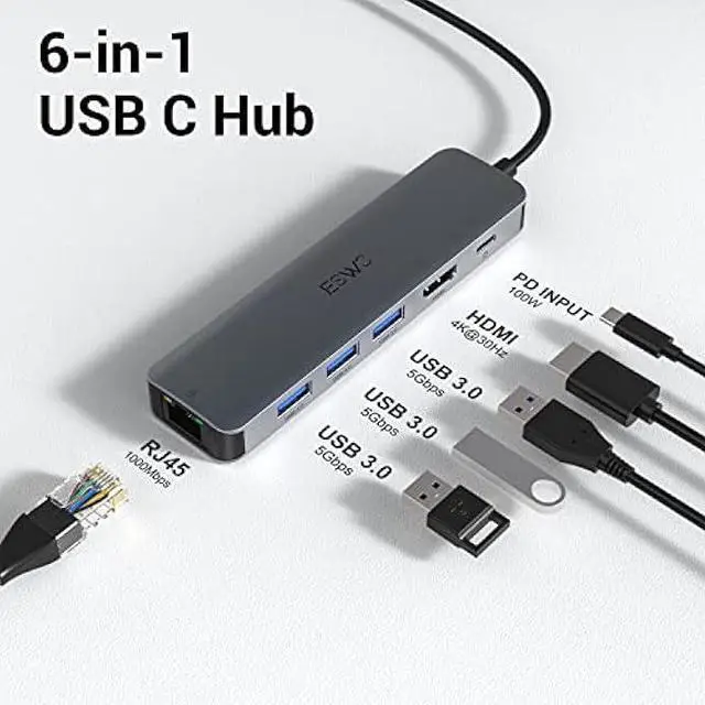 Alt view image 2 of 5 - USB C Hub, JESWO USB C Multiport Adapter Hub with RJ45 Ethernet, 4K HDMI, 100W PD, 3 USB 3.0 Port, Type C Dock for Thunderbolt 3 Laptop MacBook Air/Pro, iPad Pro M1/M2, Mac Min