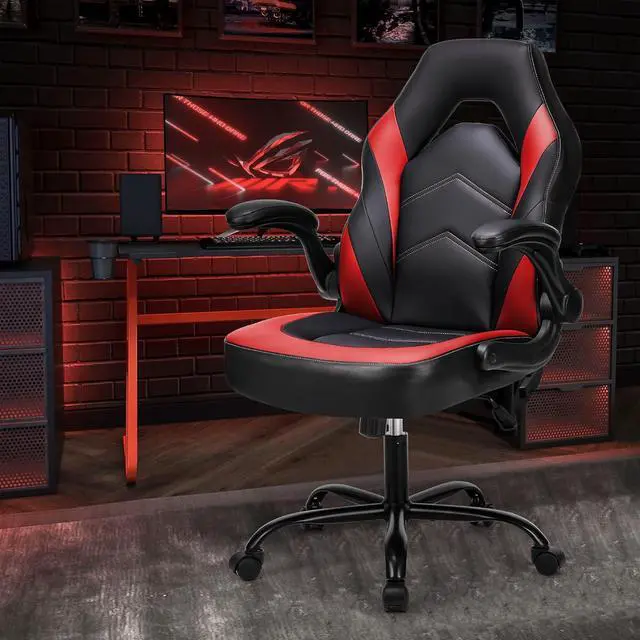 Alt view image 2 of 7 - OLIXIS Office Ergonomic Computer Gaming Desk Racing Chair for Adults, Flip-up Arms Adjustable Height PU Leather Swivel with Wheels