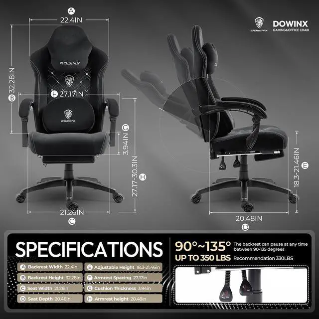 Alt view image 2 of 7 - Fabric Gaming Chair with Heated Massage Lumbar Support, Game Chairs for Adults, Big and Tall Gamer Chair with Pocket Spring Cushion, High Back PC Chairs with Footrest, Black