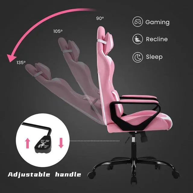 Alt view image 3 of 6 - Pink Gaming Chair, Ergonomic High Back Video Game Chair Racing Style with Lumbar Support, Headrest & Arms Gaming Chair for Adult Kids Heavy Duty Swivel Computer Chair for Office