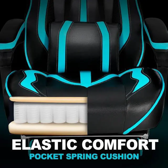 Alt view image 4 of 7 - Gaming Chairs for Adults, Gaming Chairs with Footrest and Massage, Reclining Computer Chair for Heavy People,Big and Tall Ergonomic Gamer Chair with Lumbar Pillow(Teal/Cyan)