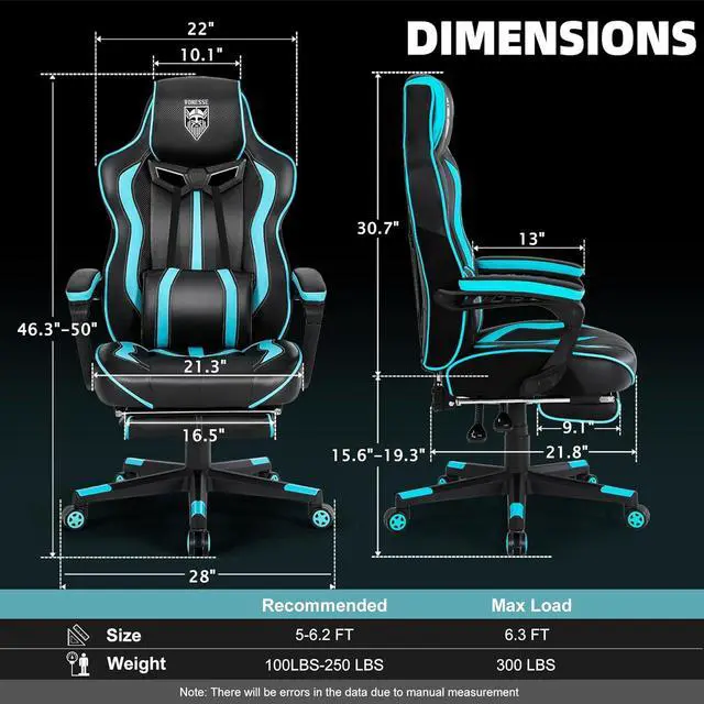 Alt view image 3 of 7 - Gaming Chairs for Adults, Gaming Chairs with Footrest and Massage, Reclining Computer Chair for Heavy People,Big and Tall Ergonomic Gamer Chair with Lumbar Pillow(Teal/Cyan)