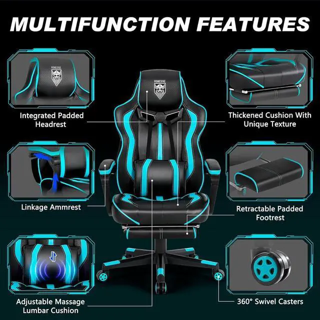 Alt view image 6 of 7 - Gaming Chairs for Adults, Gaming Chairs with Footrest and Massage, Reclining Computer Chair for Heavy People,Big and Tall Ergonomic Gamer Chair with Lumbar Pillow(Teal/Cyan)