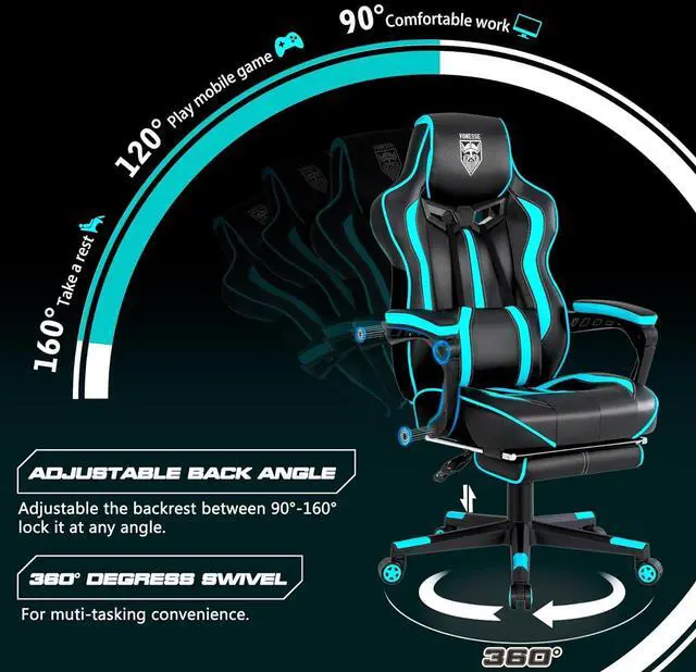 Alt view image 7 of 7 - Gaming Chairs for Adults, Gaming Chairs with Footrest and Massage, Reclining Computer Chair for Heavy People,Big and Tall Ergonomic Gamer Chair with Lumbar Pillow(Teal/Cyan)