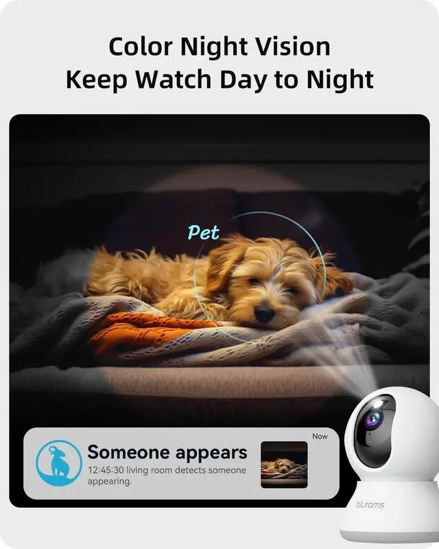 Alt view image 4 of 7 - Security Camera 2K, blurams Baby Monitor Dog Camera 360-degree for Home Security w/Smart Motion Tracking, Phone App, IR Night Vision, Siren, Works with Alexa & Google Assistant & IFTTT, 2-Way Audio