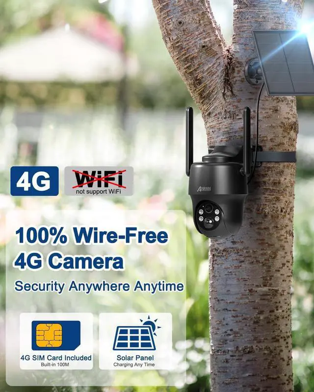 Alt view image 2 of 6 - ANRAN 4G LTE Cellular Solar Security Camera Wireless Outdoor,No WiFi 2K Solar Powered Camera,Color Night Vision,360° Live View, PIR Motion Sensor,2 Way Talk,Black (SIM Card & 32GB SD Card Included)
