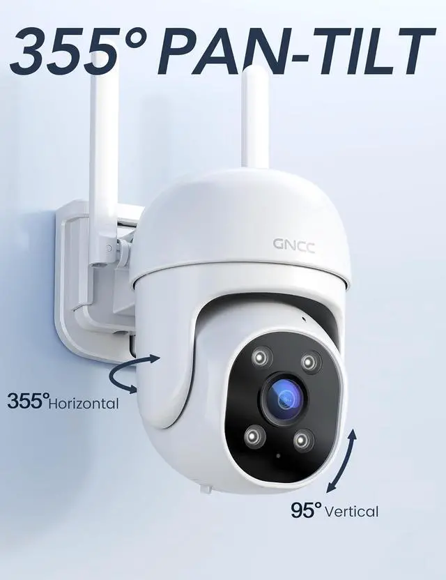 Alt view image 3 of 7 - GNCC GK2 Outdoor Security Camera 1080P Home Surveillance with AI Motion Detection, 2.4G WiFi, 355° Pan-Tilt, Color Night Vision, Spotlight, Two-Way Audio, IP65 Waterproof, Cloud & SD Card Storage
