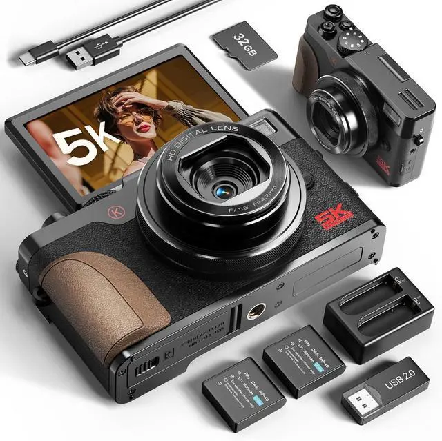 Main image of 64MP Digital Cameras for Photography 5K - 18X Zoom Autofocus, 3 180° Screen Flips, Anti-Shake, 32GB Card & 2 Batteries, Compact Vlogging Camera for Travel YouTube (Black)