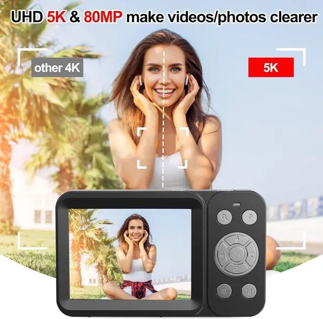 Alt view image 3 of 7 - Upgraded 5K Dual Screen Digital Camera,80MP Vlog Photography Camera for YouTube,Campus,Travel,Compact Point & Shoot Camera for Teens & Beginners with Autofocus,18x Zoom,Anti-Shake,Black
