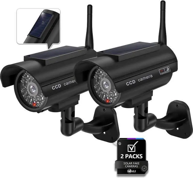 Main image of WALI Dummy Fake Camera, Solar Powered Fake Security Camera with LED Light, Simulated Surveillance Security CCTV Dome Cameras with Antenna and Warning Sticker Indoor Outdoor (SOL-TCB2), 2 Packs, Black