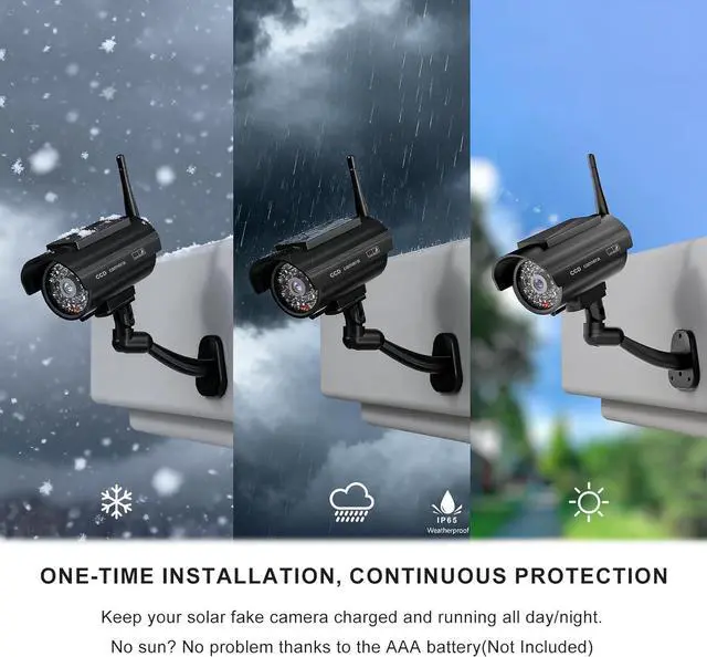 Alt view image 5 of 6 - WALI Dummy Fake Camera, Solar Powered Fake Security Camera with LED Light, Simulated Surveillance Security CCTV Dome Cameras with Antenna and Warning Sticker Indoor Outdoor (SOL-TCB4), 4 Packs, Black