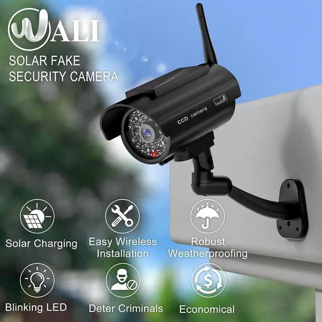 Alt view image 3 of 7 - WALI Dummy Fake Camera, Solar Powered Fake Security Camera with LED Light, Simulated Surveillance Security CCTV Dome Cameras with Antenna and Warning Sticker Indoor Outdoor (SOL-TCB2), 2 Packs, Black
