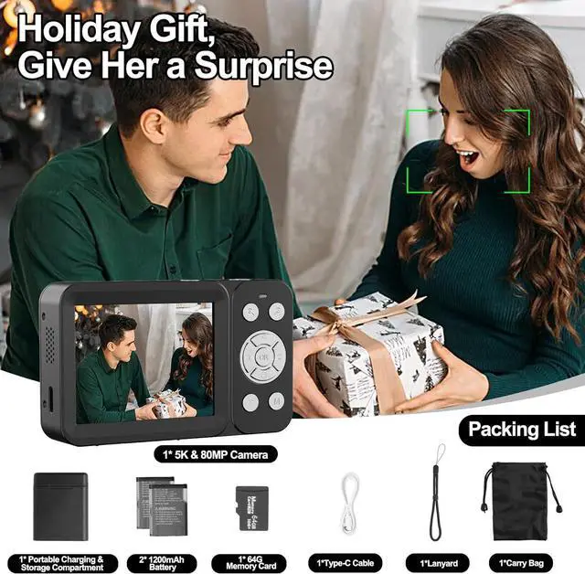 Alt view image 6 of 7 - Upgraded 5K Dual Screen Digital Camera,80MP Vlog Photography Camera for YouTube,Campus,Travel,Compact Point & Shoot Camera for Teens & Beginners with Autofocus,18x Zoom,Anti-Shake,Black