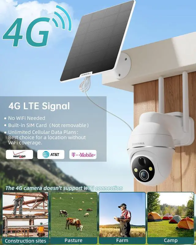 Alt view image 2 of 7 - ZUMIMALL 4G LTE Cellular Security Camera, No WiFi Outdoor Camera Wireless, Solar Powered Off Grid Cameras, 360° Live View, 2K Color Night Vision, PIR Motion Sensor, 2 Way Talk, Built in SIM Card