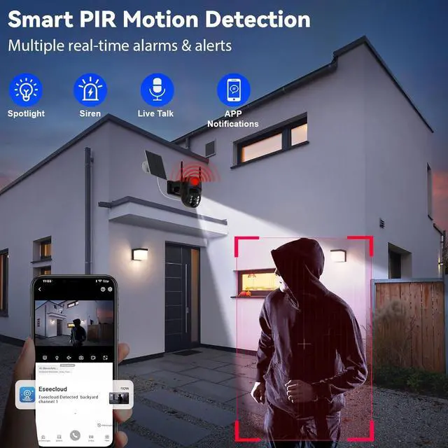 Alt view image 5 of 7 - Solar Camera Outdoor Wireless, 2K Solar Security Cameras Wireless Outdoor, Battery Powered Wire-Free 5G WiFi Camera, 360° View PTZ, AI Human Detection, Siren Alarm, Color Night Vision, Work with Alexa