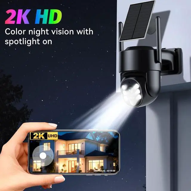 Alt view image 6 of 7 - Solar Camera Outdoor Wireless, 2K Solar Security Cameras Wireless Outdoor, Battery Powered Wire-Free 5G WiFi Camera, 360° View PTZ, AI Human Detection, Siren Alarm, Color Night Vision, Work with Alexa