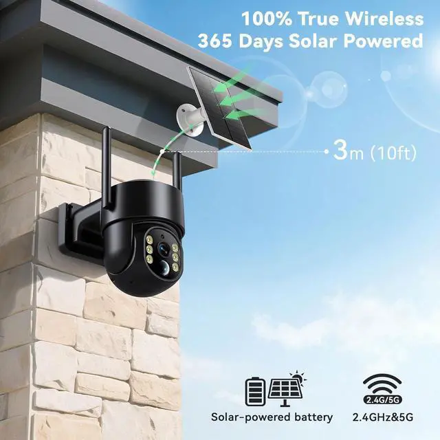 Alt view image 4 of 7 - Solar Camera Outdoor Wireless, 2K Solar Security Cameras Wireless Outdoor, Battery Powered Wire-Free 5G WiFi Camera, 360° View PTZ, AI Human Detection, Siren Alarm, Color Night Vision, Work with Alexa