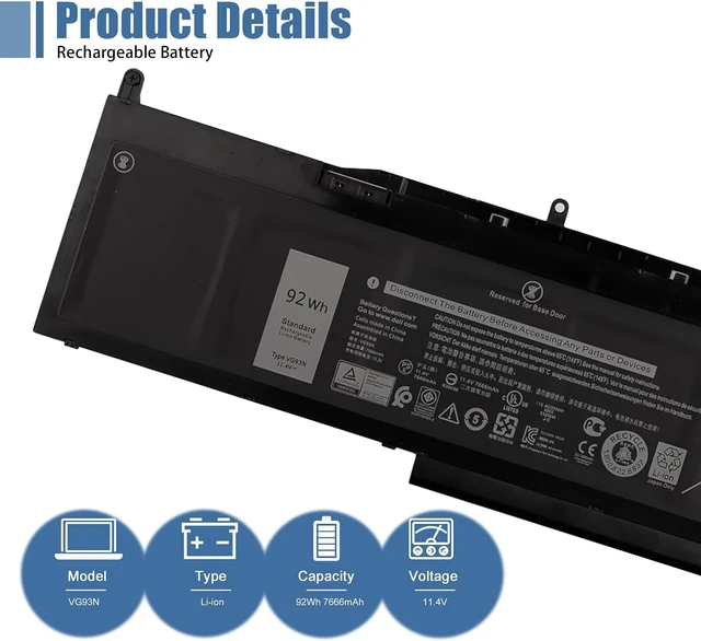 Alt view image 2 of 6 - VG93N Laptop Battery Compatible with Dell Latitude 15 5580 5590 5591 E5580 E5590 E5591 Precision 15 3520 3530 M3520 M3530 Series Notebook WFWKK 0WFWKK 11.4V 92Wh 7666mAh 6-Cell