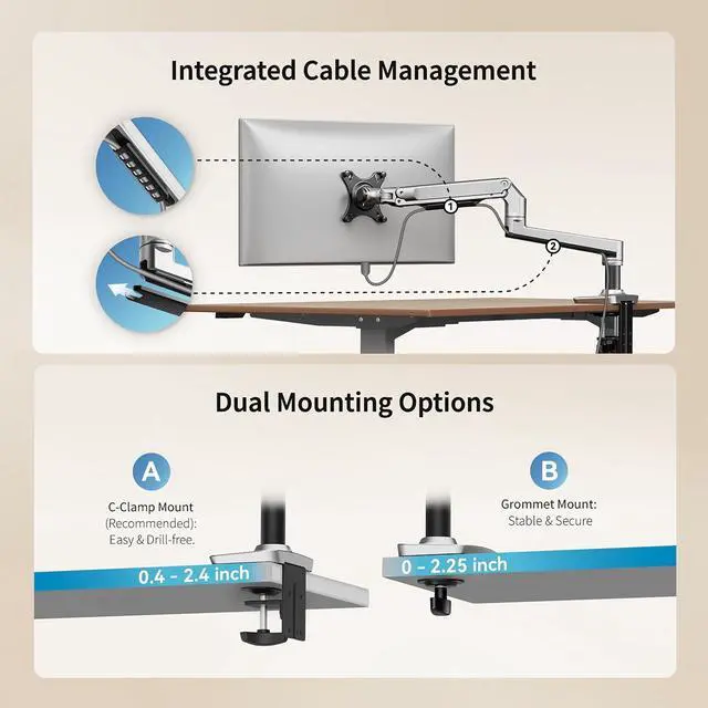 Alt view image 6 of 7 - Ergounion Single Monitor Arm Desk Mount, Holds Screens up to 40 Inches and 25 lbs, Fully Adjustable Vesa Monitor Mount with C-Clamp and Grommet Base, Aluminum, Silver