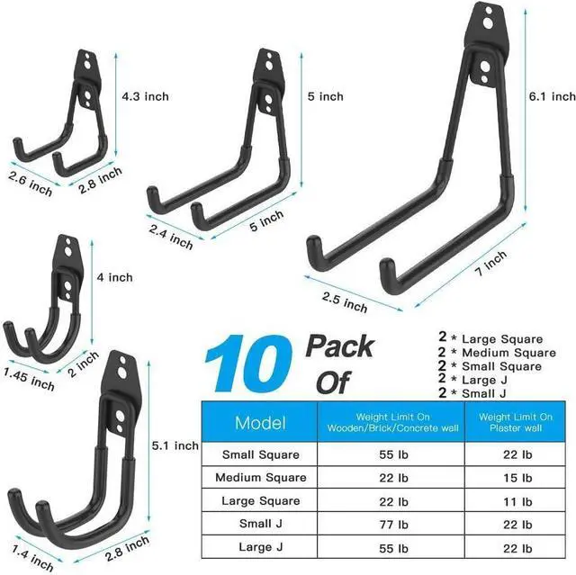 Alt view image 2 of 7 - SMARTOLOGY Garage Hooks, 12 Pack Wall Storage Hook Includes 2 Extension Cord Holder, Utility Organization, Heavy Duty Wall Mount Hangers for Hanging Bike, Ladder, Garden Tools
