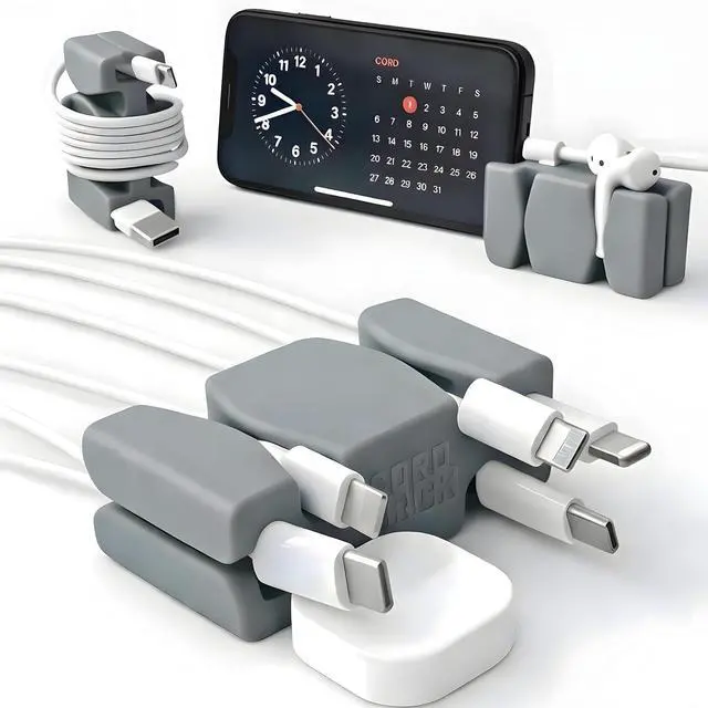Main image of 4PK Silicone & Steel Weighted Nightstand Cord Holders. Travel Phone Charger Organizers. Useful iPhone Accessories. Small Gifts for Men, College Students. Tech Gadgets for Teens. Gray