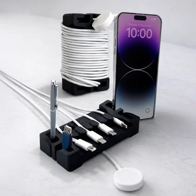 Main image of DeskBrick 2PK Silicone + Steel-Weighted Cord Holders for Desks. Weighted Cord Organizers & Cable Management for Desktops. Useful Phone Accessories & Cable Holders for Offices. No Adhesive. Black