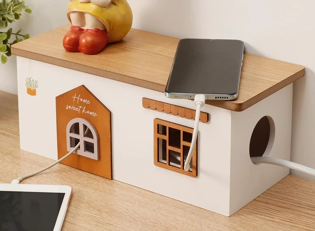 Main image of Cable Management Box, Wood Extension Cord Organizer, Handmade Power Strip Box for TV Computer Wire USB Hub System, Surge Protector Cord Hider Box on Desk or Floor (Medium)