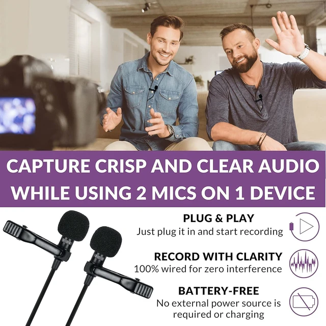 Alt view image 2 of 7 - Purple Panda Lavalier Microphone Wired Set (2 Pack) Compatible with GoPro, Android Smartphone, iPhone, DSLR Camera - Ideal for Motovlogging, Content Creators, Travel, Interview, Sports & Filming