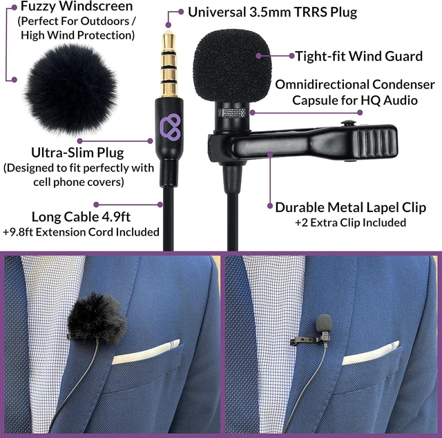Alt view image 5 of 7 - Purple Panda Lavalier Microphone Wired Set (2 Pack) Compatible with GoPro, Android Smartphone, iPhone, DSLR Camera - Ideal for Motovlogging, Content Creators, Travel, Interview, Sports & Filming