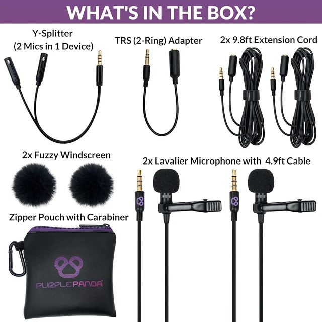 Alt view image 6 of 7 - Purple Panda Lavalier Microphone Wired Set (2 Pack) Compatible with GoPro, Android Smartphone, iPhone, DSLR Camera - Ideal for Motovlogging, Content Creators, Travel, Interview, Sports & Filming