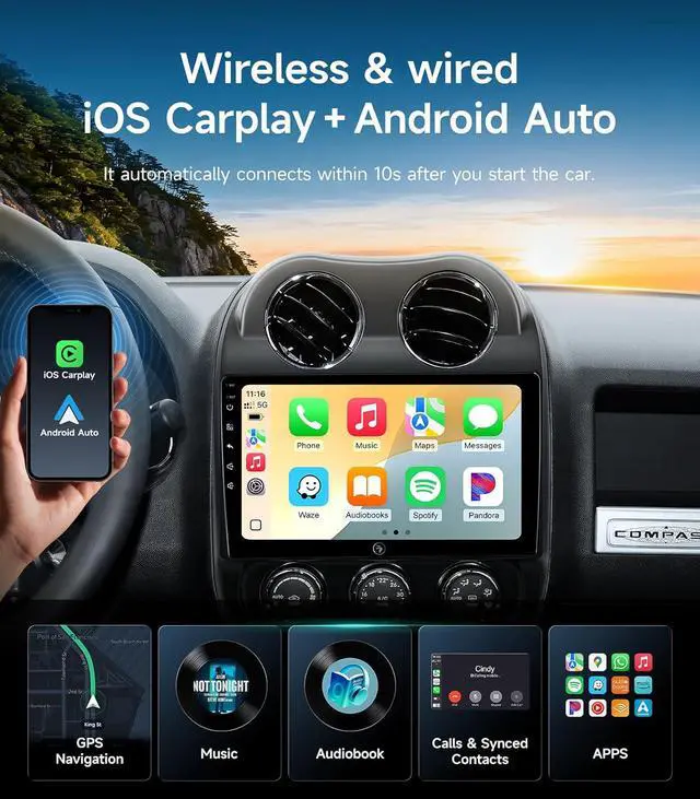 Alt view image 3 of 7 - 10.2" Android Car Stereo Radio for Jeep Compass Patriot 2010-2016 | Wireless CarPlay Android Auto | 5G WiFi GPS Navigation | AHD Backup Camera | Plug & Play