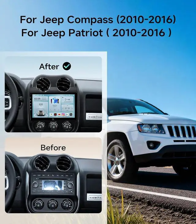 Alt view image 2 of 7 - 10.2" Android Car Stereo Radio for Jeep Compass Patriot 2010-2016 | Wireless CarPlay Android Auto | 5G WiFi GPS Navigation | AHD Backup Camera | Plug & Play