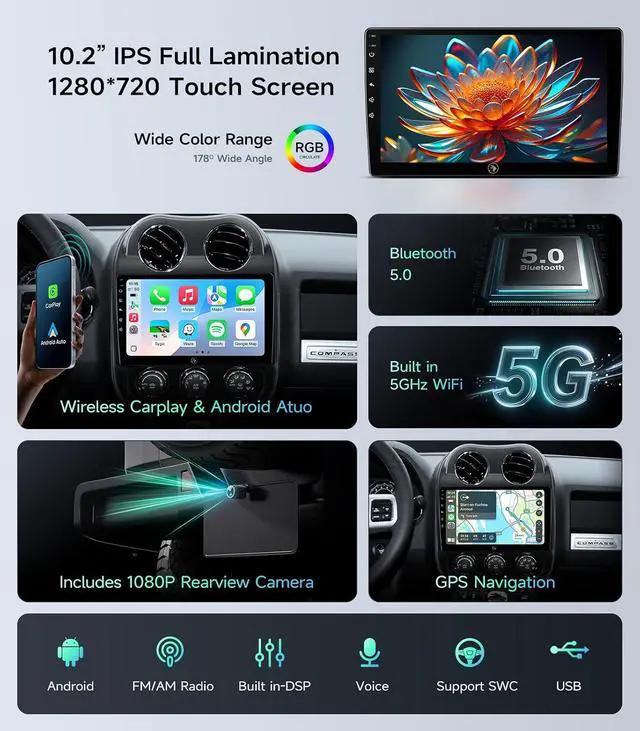 Alt view image 5 of 7 - 10.2" Android Car Stereo Radio for Jeep Compass Patriot 2010-2016 | Wireless CarPlay Android Auto | 5G WiFi GPS Navigation | AHD Backup Camera | Plug & Play