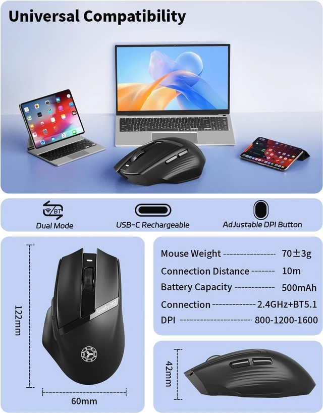 Alt view image 7 of 7 - Z07 Bluetooth Wireless Mouse, Rechargeable Mouse for Laptop/PC-Black