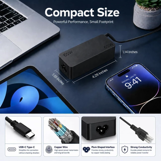 Alt view image 4 of 7 - 65W USB C Laptop Charger Compatible with ThinkPad T14 T14s T15 T16 Gen 1 2 3 4, X1 Carbon, Yoga 7 7i X13, E14 E15, Type C Power Cord Replacement for Chromebook Charger & Business Laptops