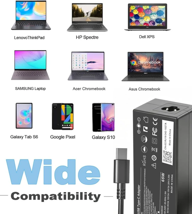 Alt view image 5 of 5 - 65W USB C Laptop Charger Fit for Dell Chromebook/Latitude Laptop Charger
