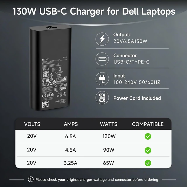 Alt view image 2 of 7 - 130W USB-C Charger Compatible with Dell XPS Precision