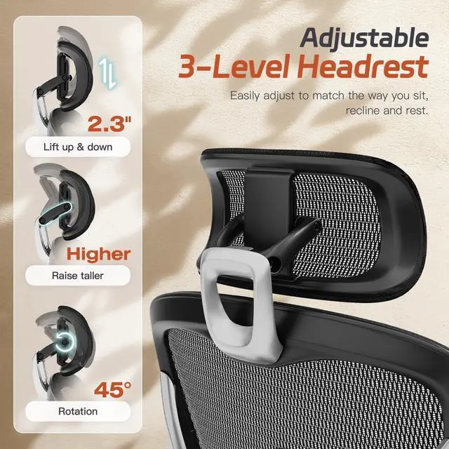 Alt view image 7 of 7 - Ergonomic Home Mesh Chair with Footrest, Lumbar Height Adjustment & 215° Rotate Armrests, Recline Lock 90°120°, High-Back Big and Tall Computer Chair, Heavy-Duty Office Chair, Black