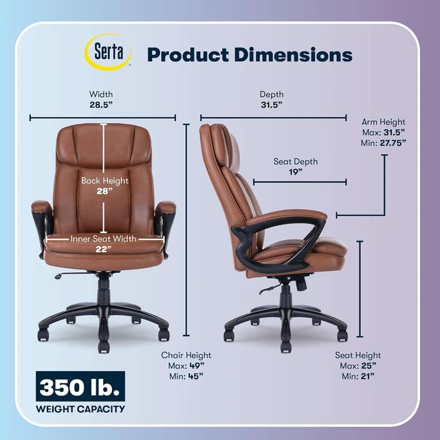 Alt view image 2 of 7 - Serta Fairbanks Big & Tall Executive Office Chair, Ergonomic High-Back with Lumbar Support, Semi-Plush Seat Cushion and Body Pillows, Padded Armrests, Nylon Swivel Base, Bonded Leather, Cognac Brown