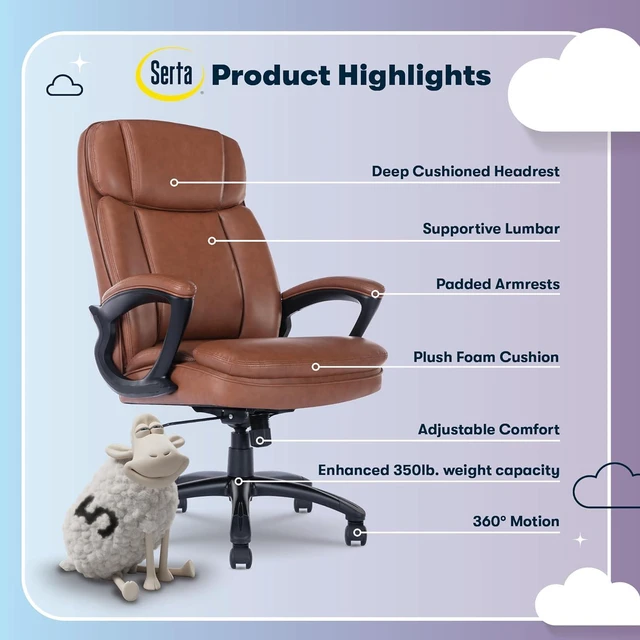 Alt view image 3 of 7 - Serta Fairbanks Big & Tall Executive Office Chair, Ergonomic High-Back with Lumbar Support, Semi-Plush Seat Cushion and Body Pillows, Padded Armrests, Nylon Swivel Base, Bonded Leather, Cognac Brown