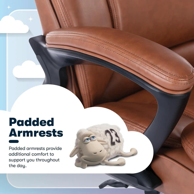 Alt view image 5 of 7 - Serta Fairbanks Big & Tall Executive Office Chair, Ergonomic High-Back with Lumbar Support, Semi-Plush Seat Cushion and Body Pillows, Padded Armrests, Nylon Swivel Base, Bonded Leather, Cognac Brown