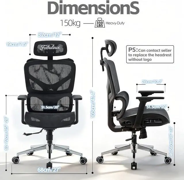 Alt view image 2 of 7 - Fabuleux Ergonomic Mesh Office Chair, Durable Home Office Chair with Adjustable Headrest Lumbar Support and Seat Depth, High Back Reclining Executive Chair for Office, Black
