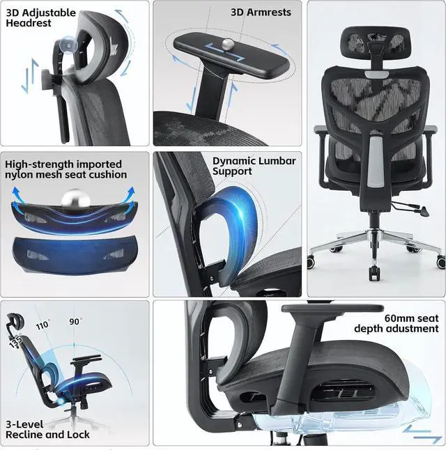 Alt view image 5 of 7 - Fabuleux Ergonomic Mesh Office Chair, Durable Home Office Chair with Adjustable Headrest Lumbar Support and Seat Depth, High Back Reclining Executive Chair for Office, Black