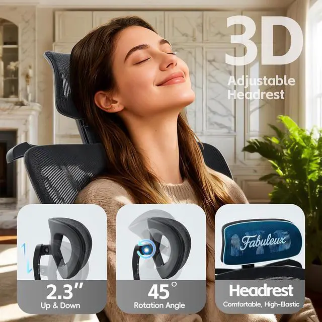 Alt view image 3 of 7 - Fabuleux Ergonomic Mesh Office Chair, Durable Home Office Chair with Adjustable Headrest Lumbar Support and Seat Depth, High Back Reclining Executive Chair for Office, Black